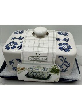 Homestead Butter Dish W/Lid Blue Floral Ceramic 7 X 5 X 3.5 New